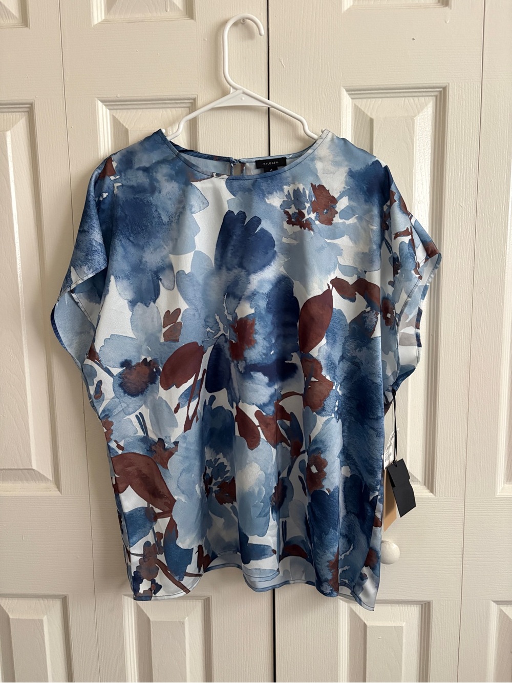 Halogen Blue and Brown Floral Satin Blouse